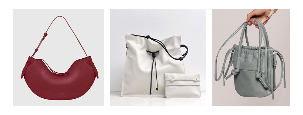 Example of a handbag with a handle secured by a knot. Example of a handbag with a handle secured by a knot